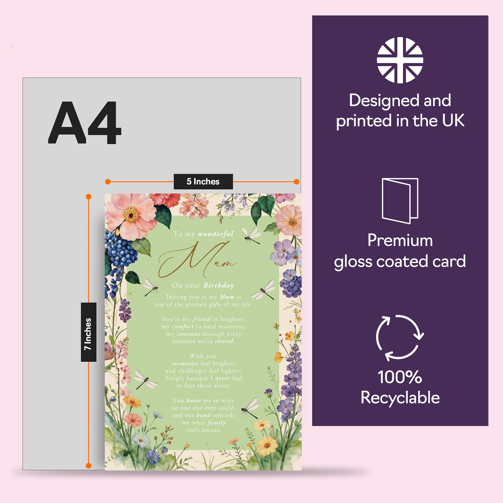 Giftzie Birthday Card for Mum - 5x7 Inch Gloss Board with Pink, Purple, Yellow Floral Design 5