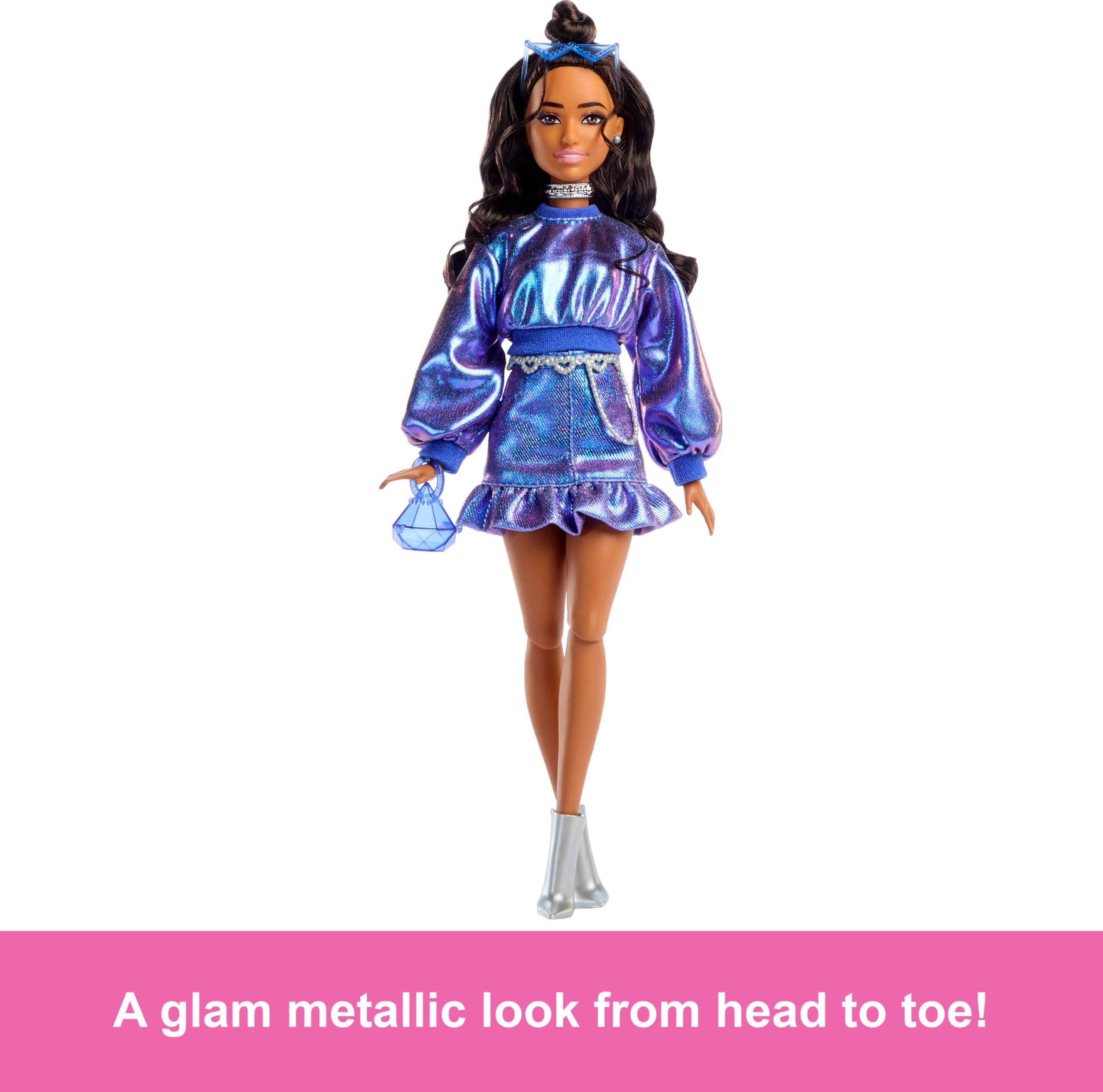 Barbie Deluxe Style Doll #7 - Metallic Blue Outfit | Wavy Brown Hair | Ages 4+ 4