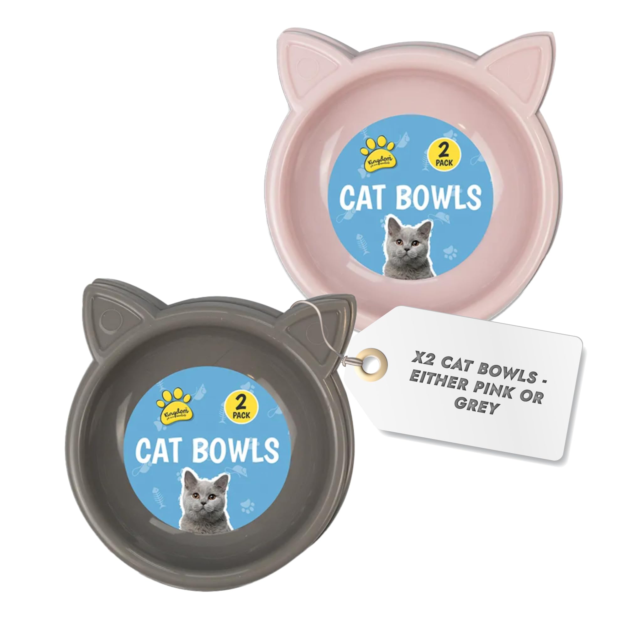 Kingdom Cat Bowls - 2 Pack Durable Plastic, 17cm Diameter | Nonslip Base | Pink & Grey