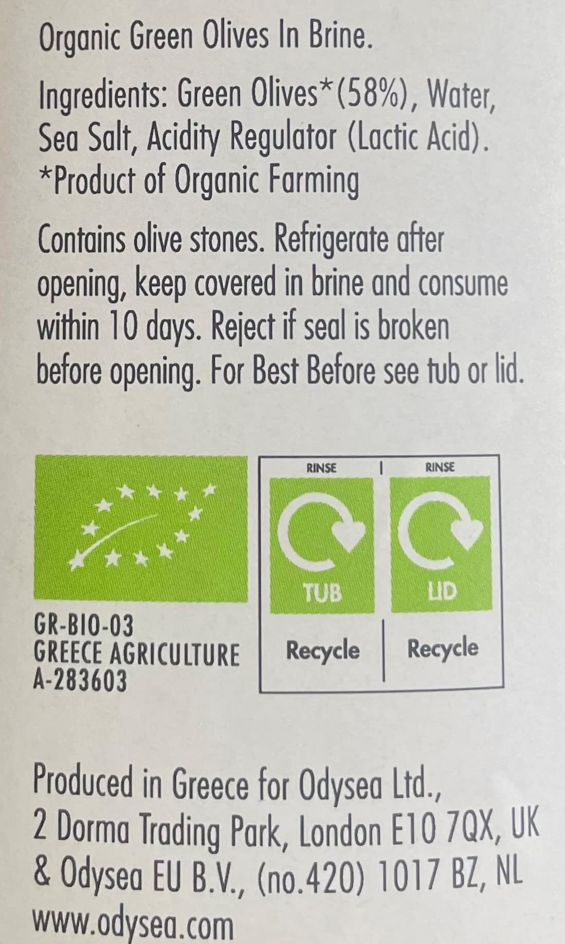 Odysea Organic Green Olives in Brine (1kg) 3