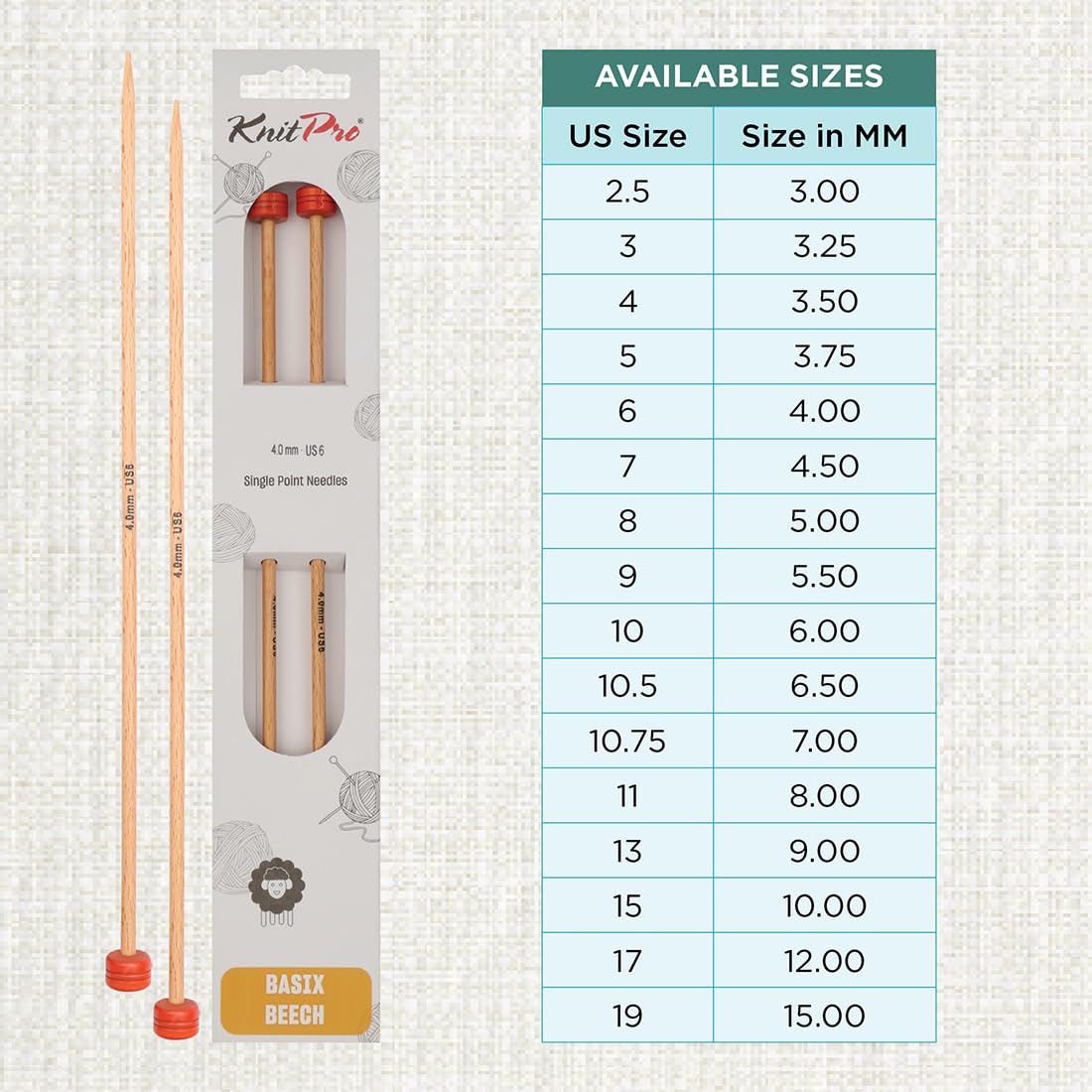 KNITPRO Basix Single Pointed Knitting Needles - 4.00mm x 25 cm, Beech Wood | Beginner Friendly 4