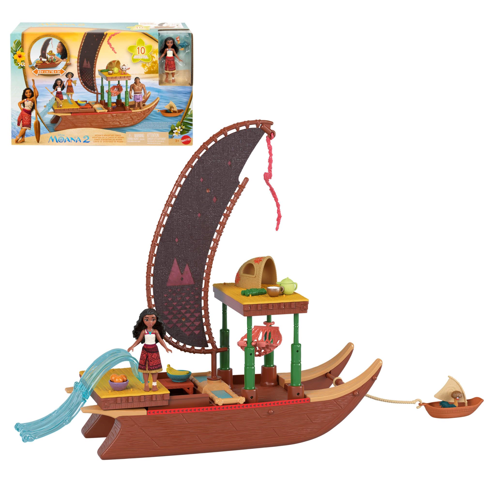 Mattel Disney Moana 2 Adventure Canoe Playset - Floating Playset with Posable Doll & 6 Transforming Areas for Ages 3+