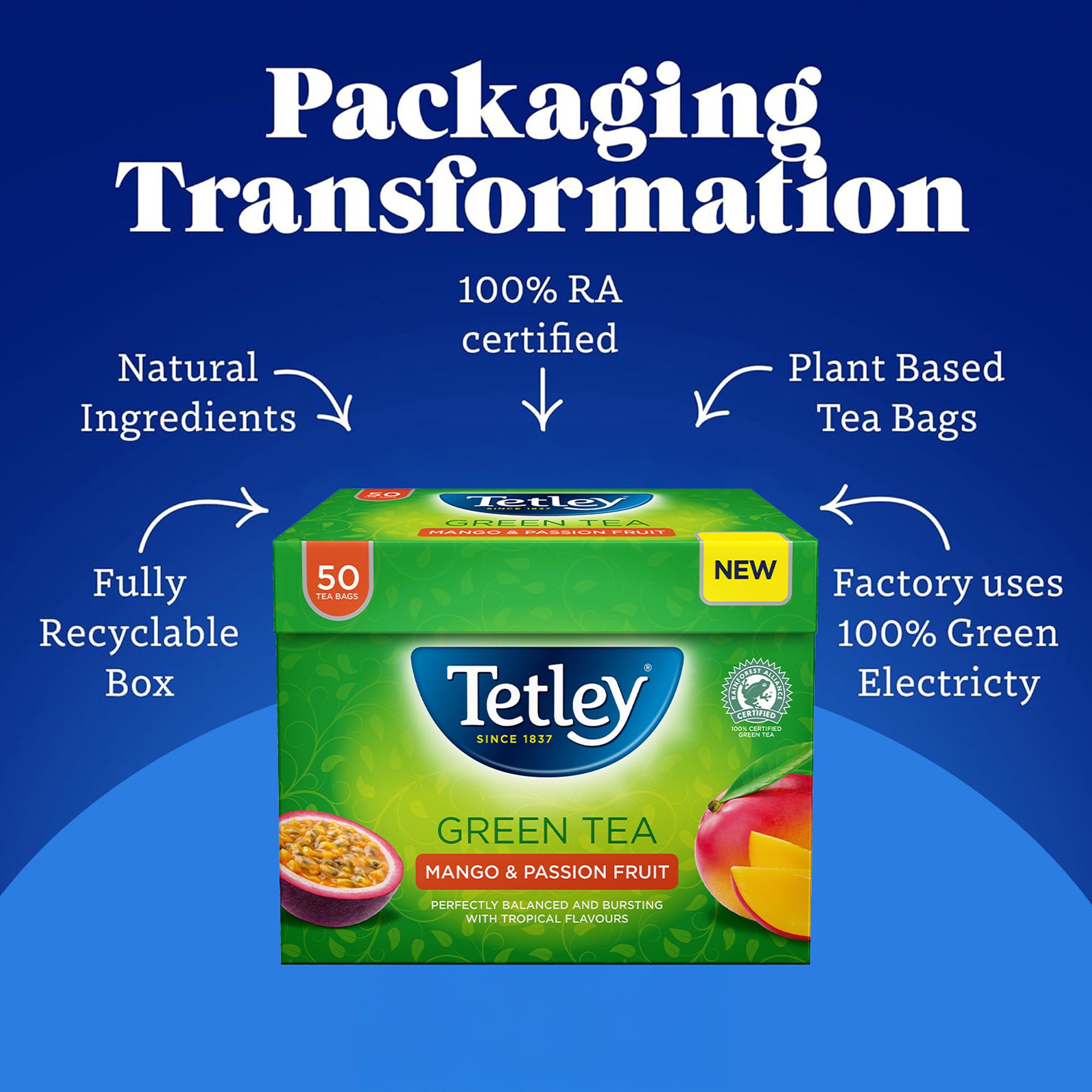 Tetley Mango & Passionfruit Green Tea - 50 Teabags | Rainforest Alliance Certified 4