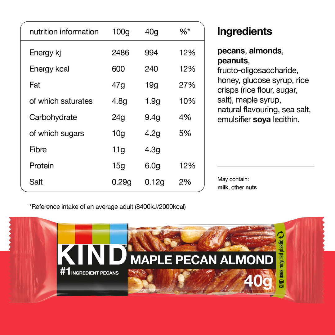 KIND Maple Pecan Almond Gluten Free Snack Bars, High Fibre, No Artificial Ingredients, Multipack 12 x 40g