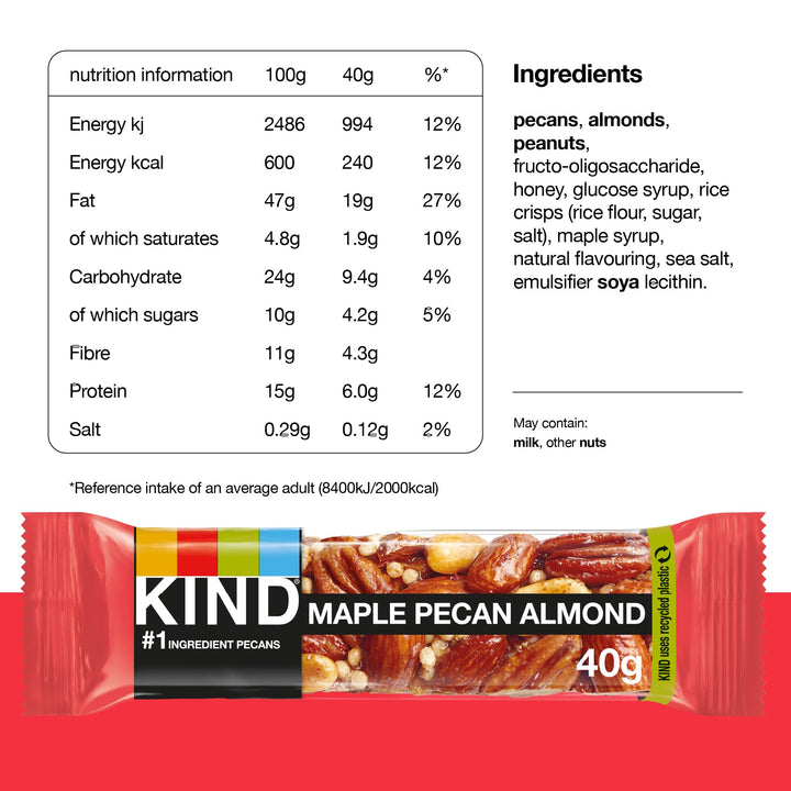 KIND Maple Pecan Almond Gluten Free Snack Bars, High Fibre, No Artificial Ingredients, Multipack 12 x 40g