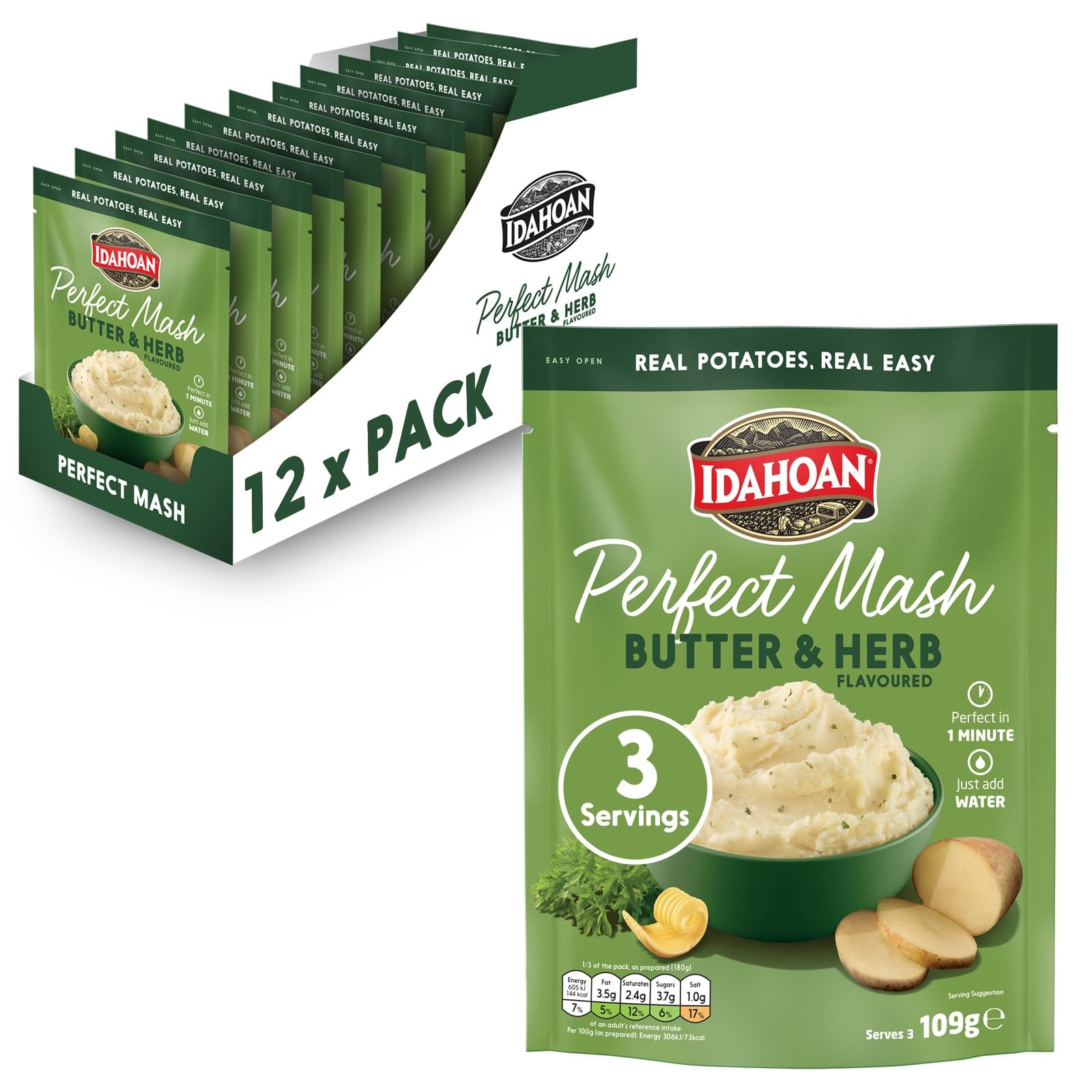 Idahoan Mashed Potato Butter & Herb Instant Mash Potatoes - 109g Pouch | Pack of 12 1