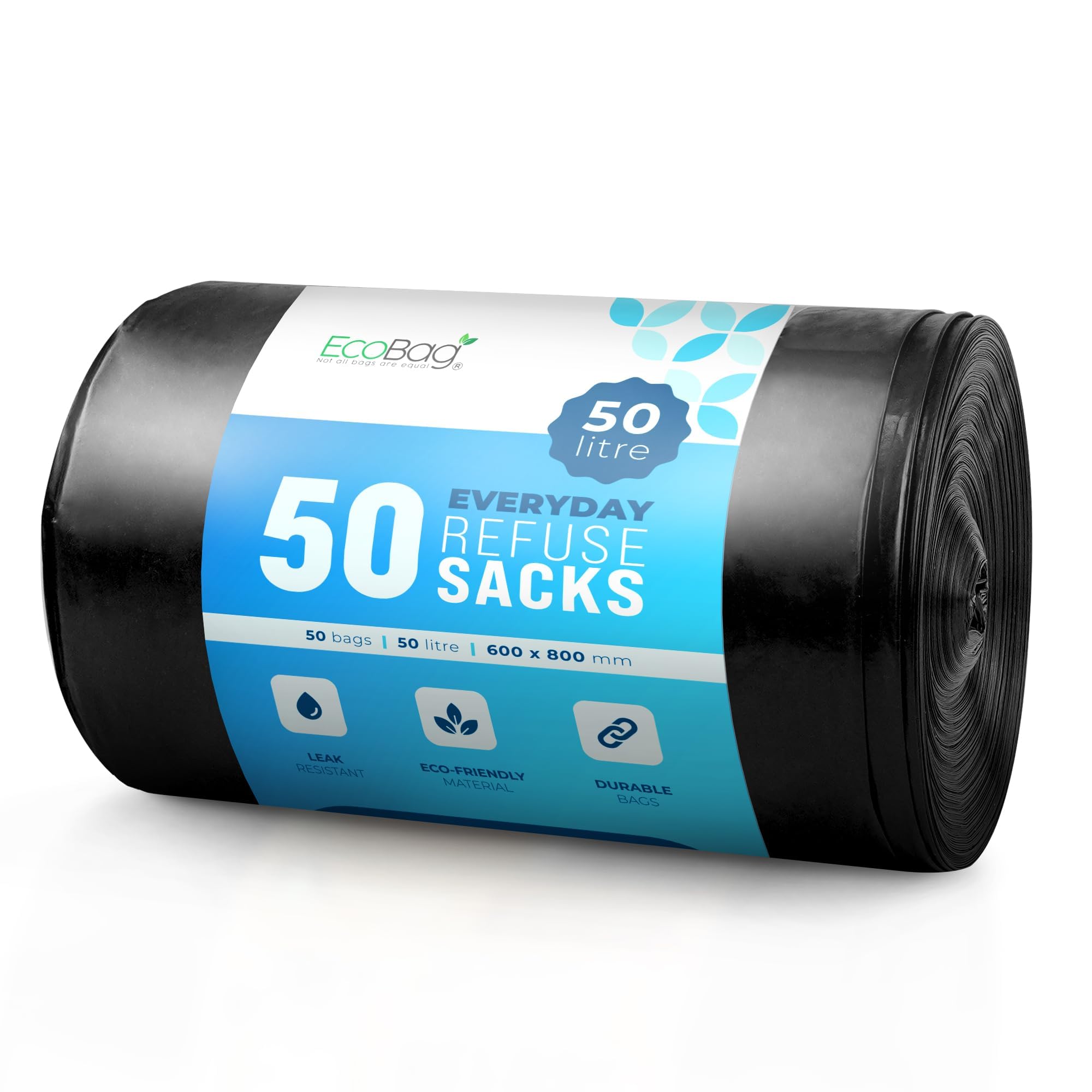 EcoBag Extra Strong Heavy Duty Refuse Sacks - 50 Pack Recyclable Bin Bags