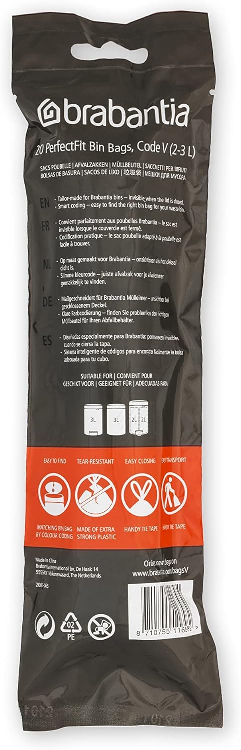 Brabantia - PerfectFit Bin Liners Multipack (Size V/2-3 Litre) Thick Plastic 8