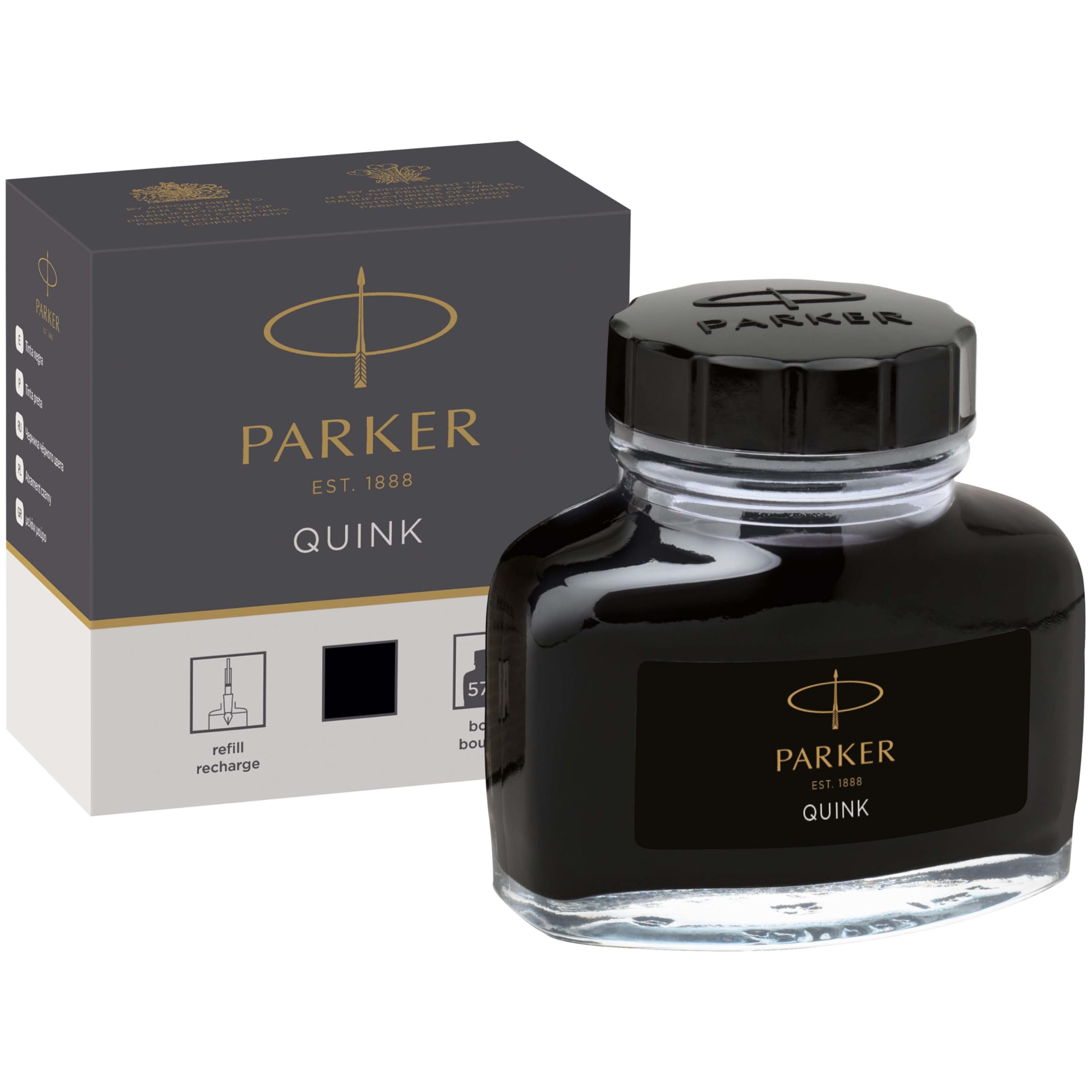 PARKER QUINK Fountain Pen Ink Bottle - Black, 57 ml | Smooth Flow | Quick Drying