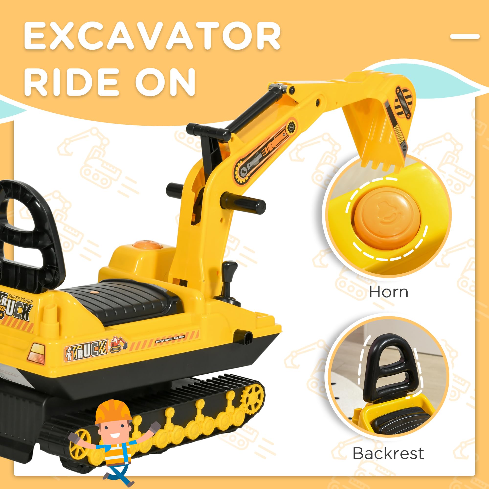 HOMCOM Ride On Tractor Digger Toy with Adjustable Arm | Ages 18-48 Months | Yellow 3