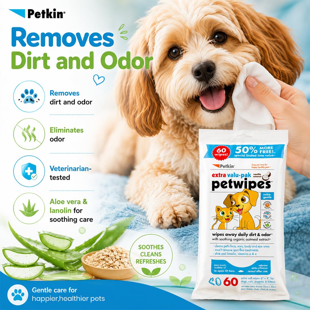 Petkin Eco Pet Wipes for Dogs and Cats - Gently Cleans Dirt & Odour | 60 Count