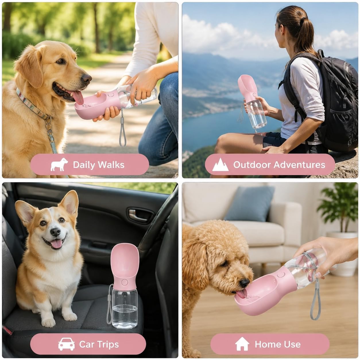 Muexoee Dog Water Bottle - 350ml Sakura Pink Portable Travel Water Dispenser 4