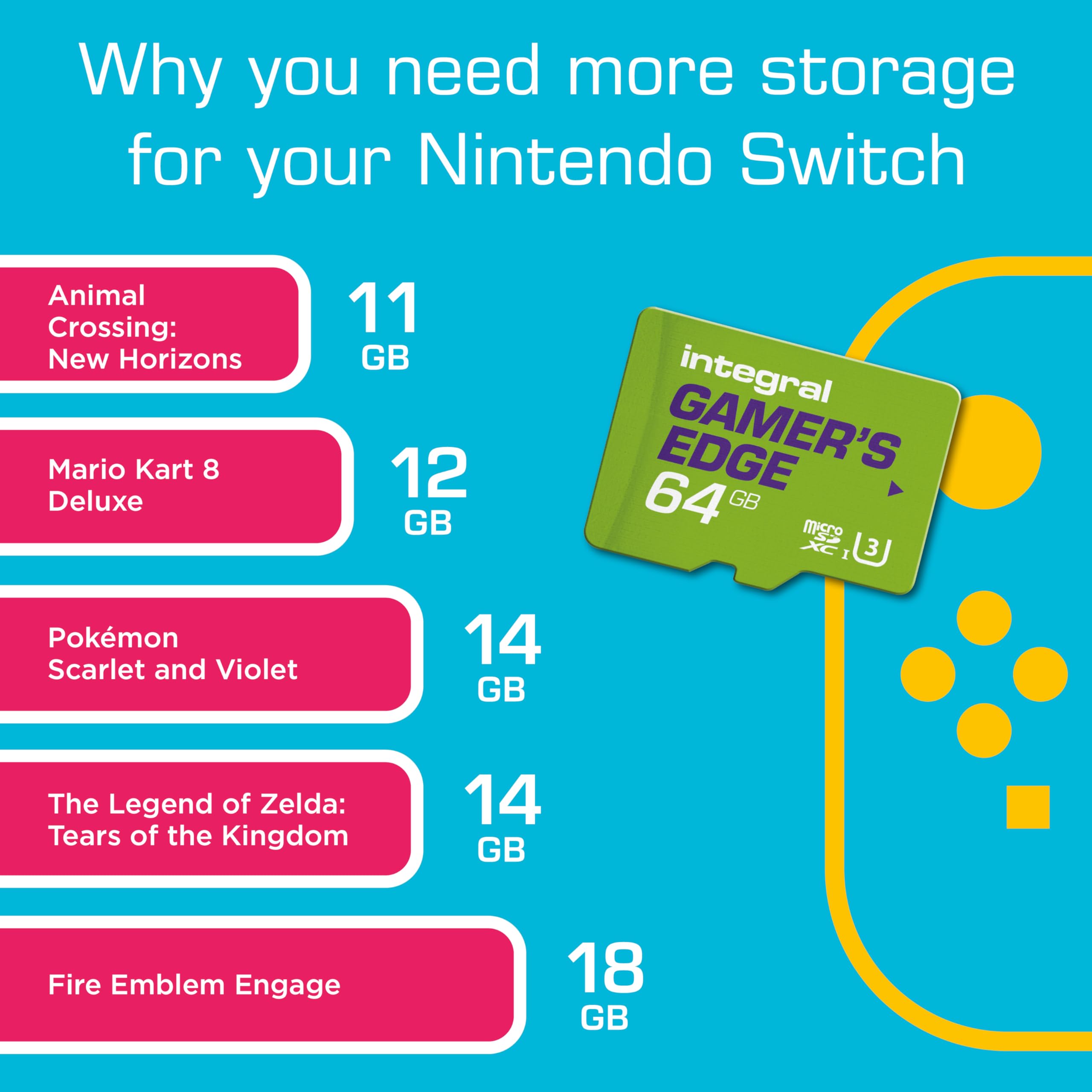 Integral 64GB Gamer's Edge Micro SD Card for Nintendo Switch – Fast Load & Save, U3, 100MB/s Read Speed 15