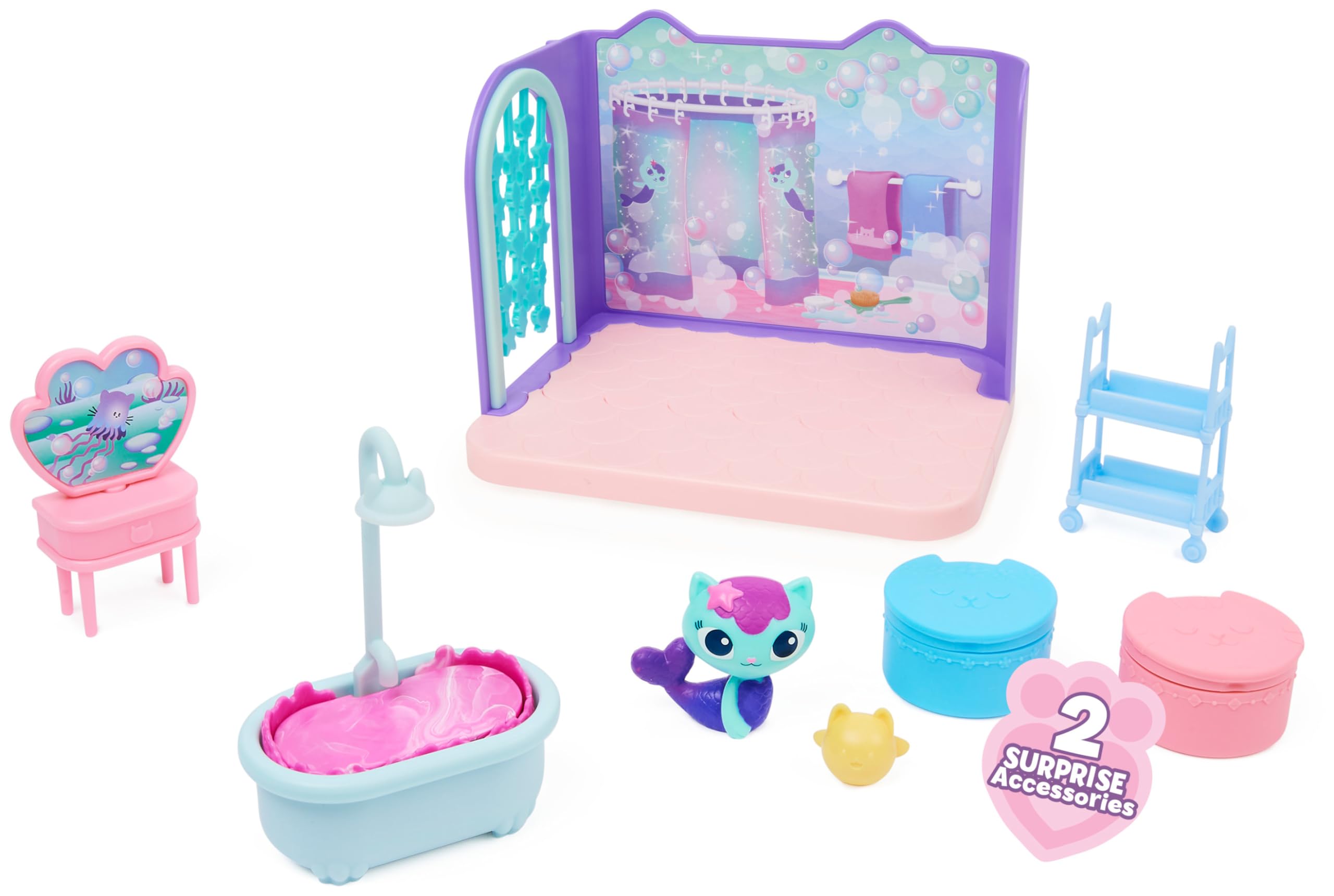 DREAMWORKS GABBY'S DOLLHOUSE Primp and Pamper Bathroom Playset with MerCat Figure for Ages 3+ 4