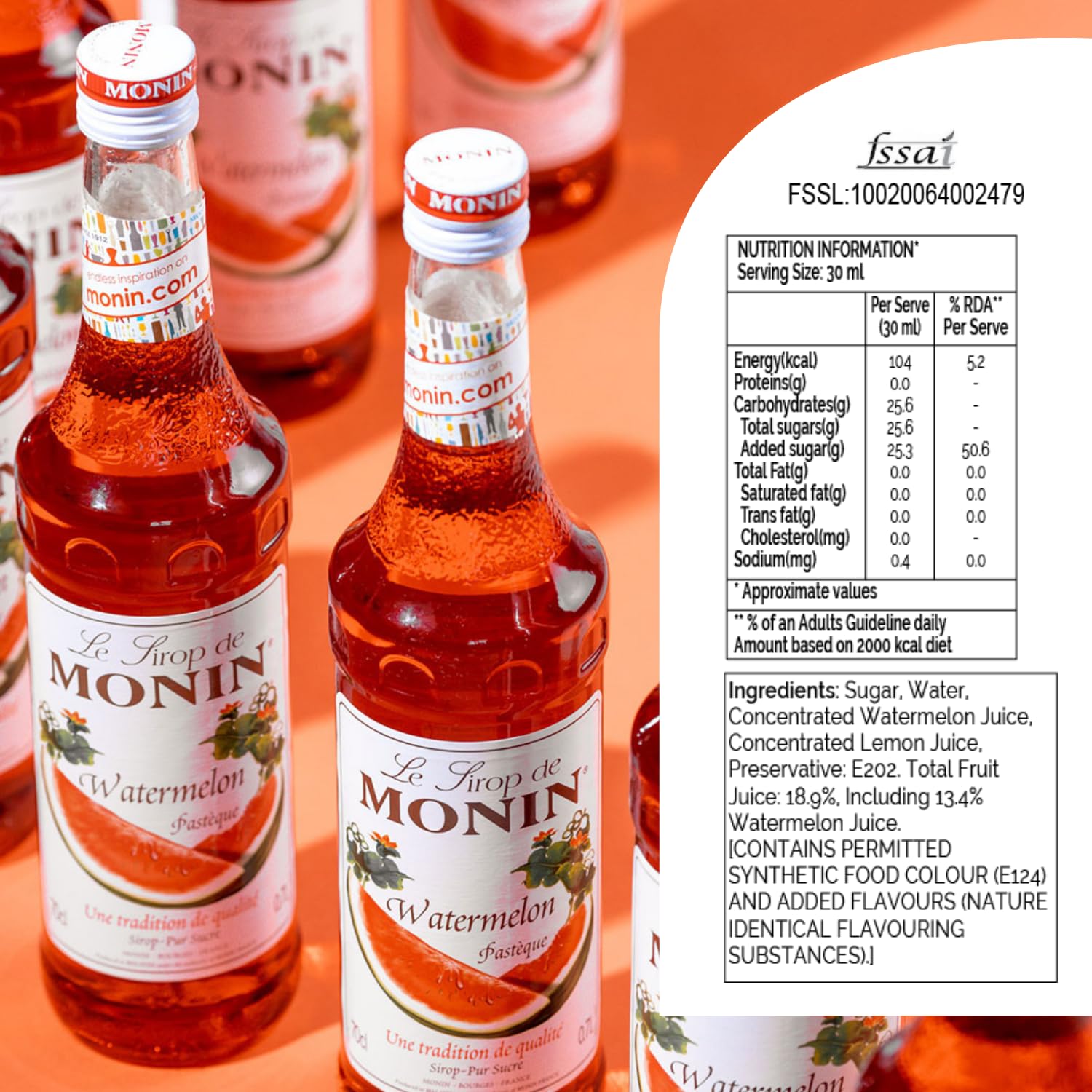 MONIN Watermelon Syrup 700ml - Vegan, Halal, Kosher - Natural Flavour, Allergen-Free Beverage Syrup 7