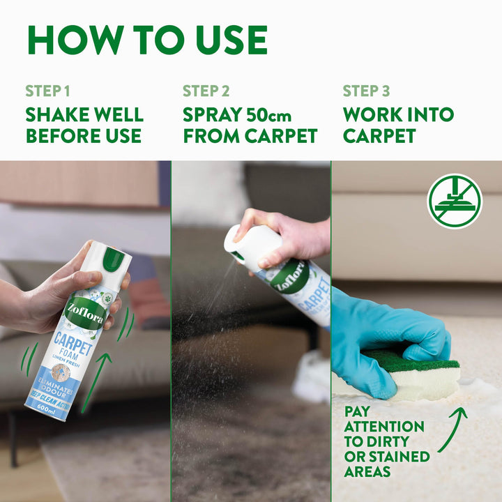 Zoflora Linen Fresh Carpet Freshener & Care Foam, 600ml - Carpet Cleaner with Deep Clean Action & Odor Elimination