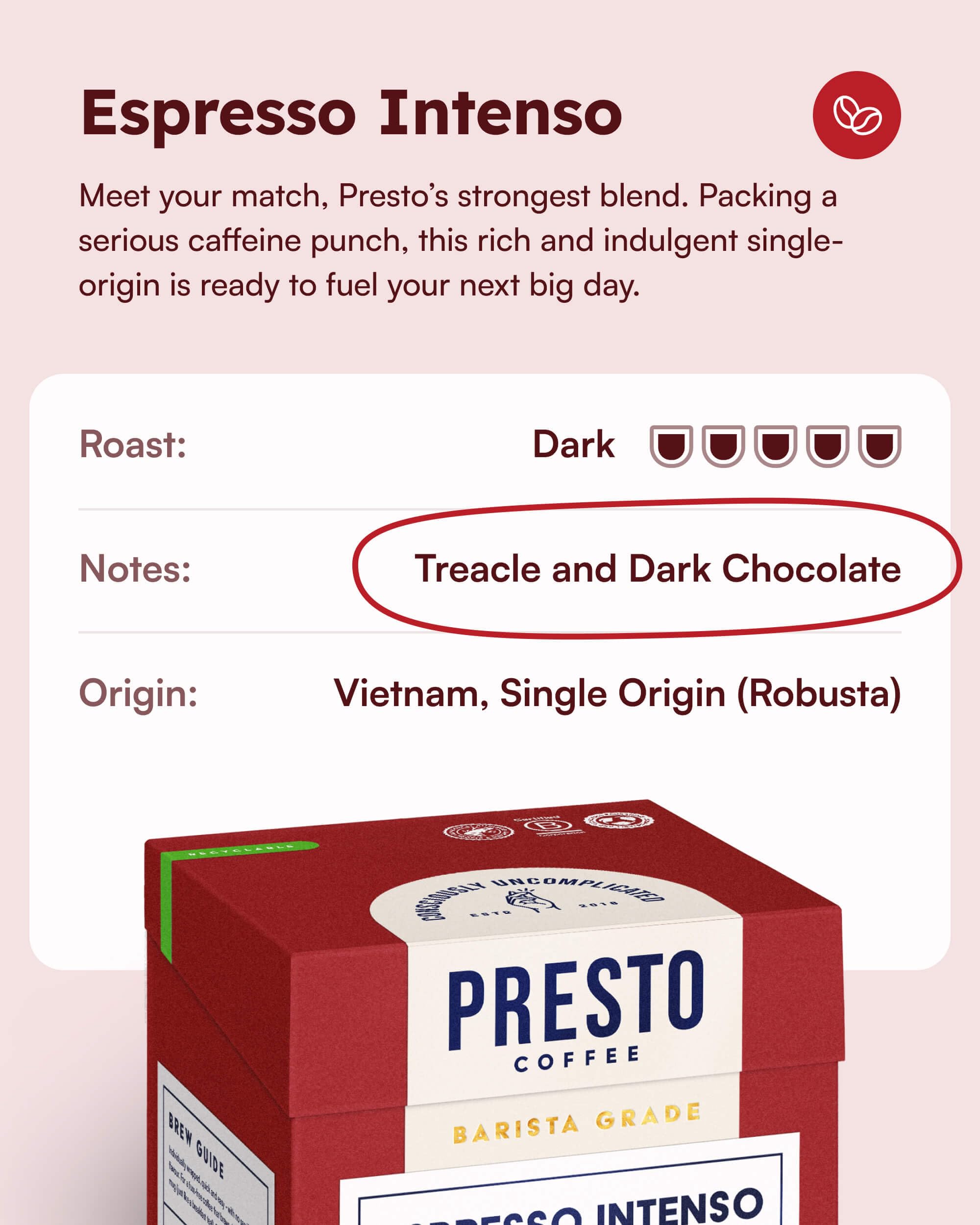 Presto Coffee Espresso Intenso Ground Coffee Bags - Dark Roast, 10 Count, 80g 4