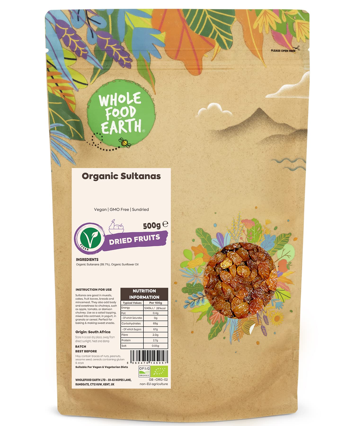 Wholefood Earth Organic Sultanas - Vegan, GMO Free, Sundried | 500 g 1