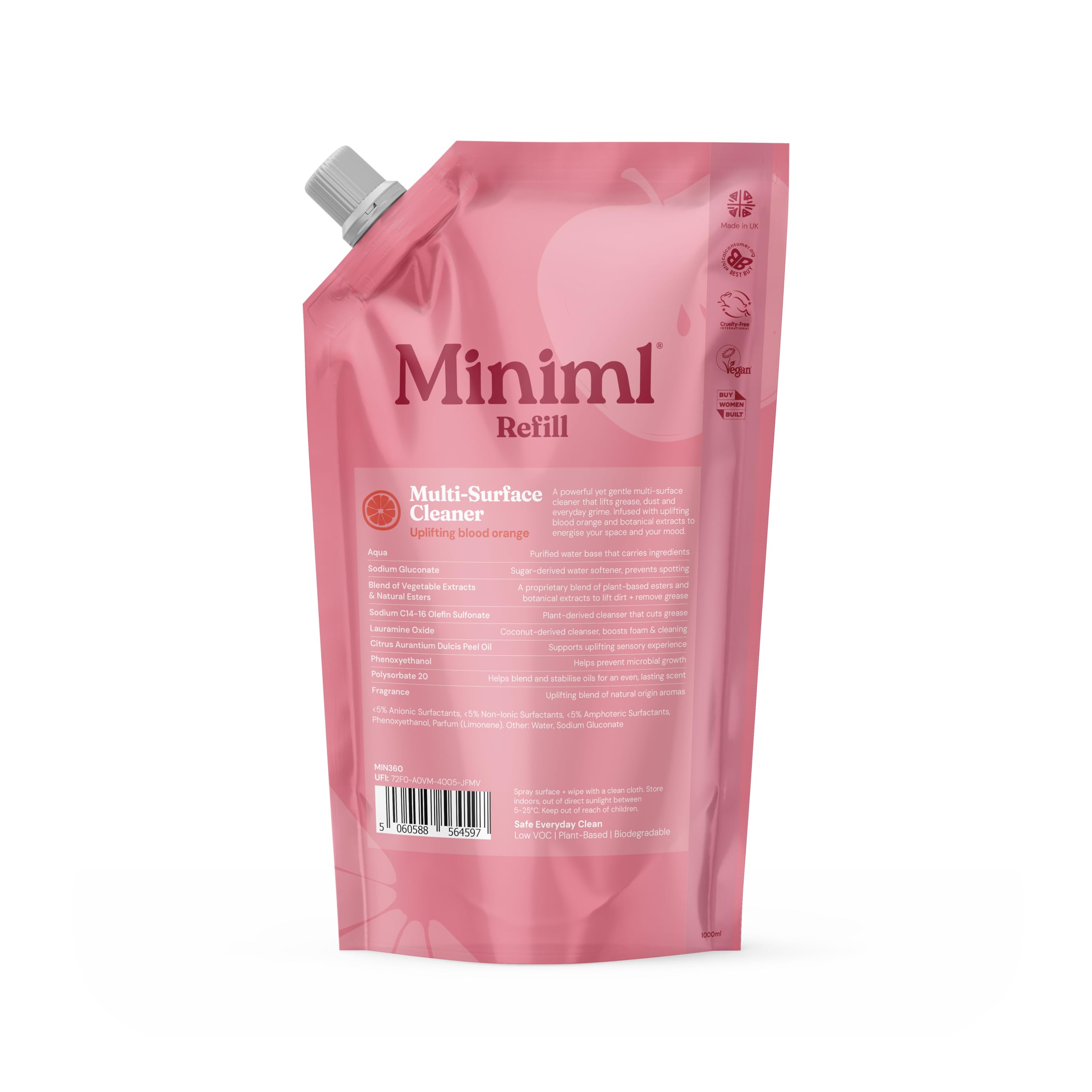 Miniml Eco Multi Surface Cleaner - Plant Powered, Blood Orange Scent | 1L Refill 1