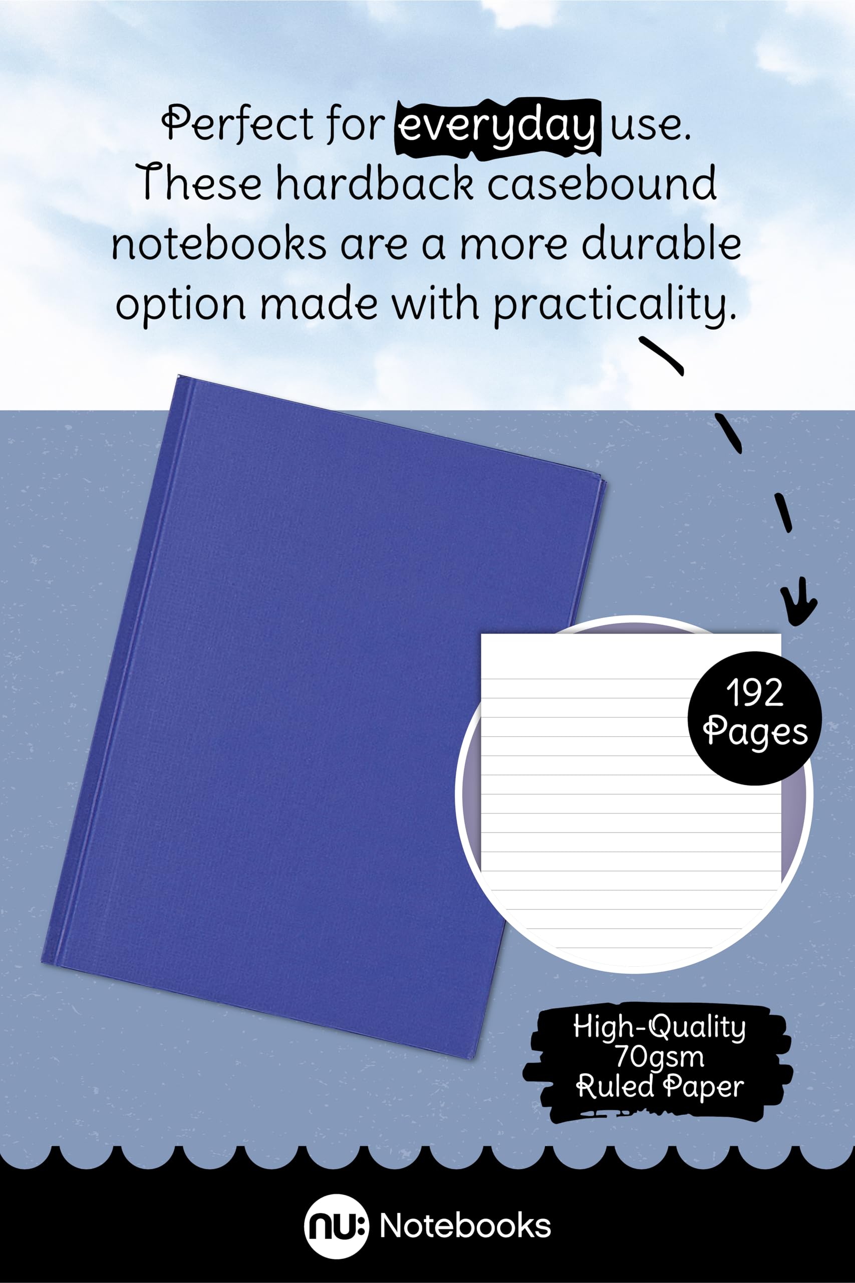 nu: A4 Casebound Manuscript Book | 192 Pages, 70gsm White Paper, College Ruled | 3-Pack Blue 2