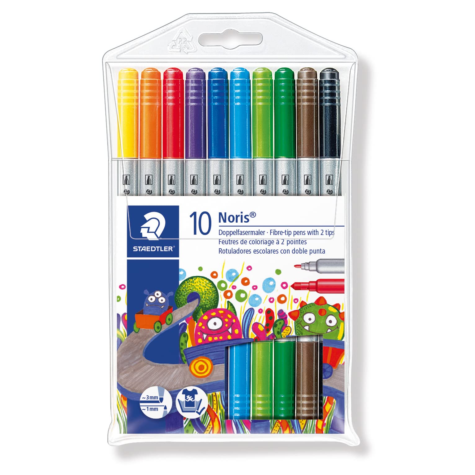 STAEDTLER Noris Club Double Ended Fibre Tips - 10 Count Pack | Washable Ink | Dual 1.0mm & 3.0mm Tips