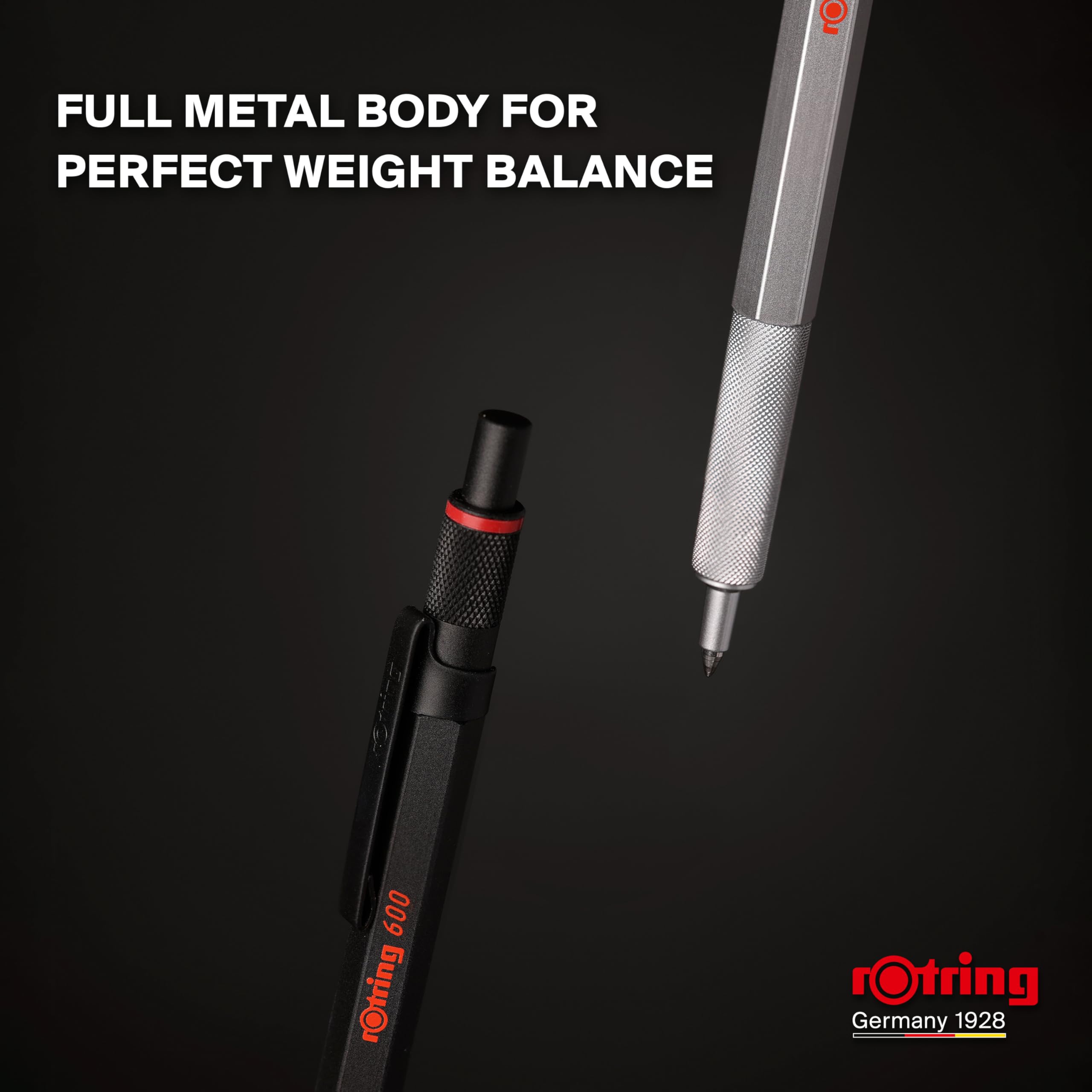 rOtring 600 Gel Pen | 0.55 mm | Black Ink | Black Metal Body Pen | Non-Slip Knurled Grip & Hexagonal Barrel | Refillable 2