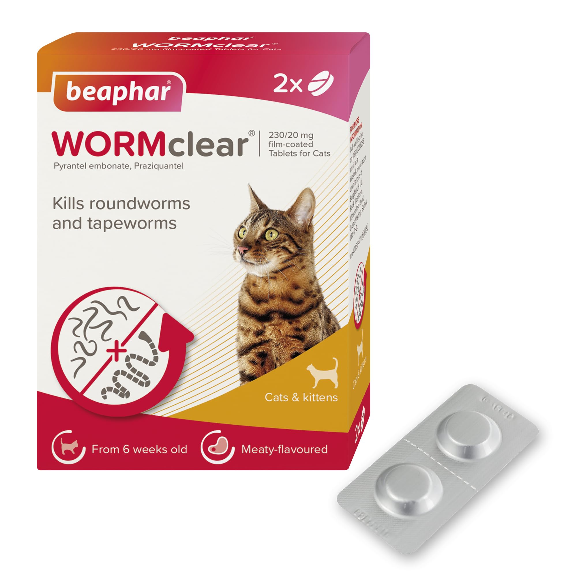 Beaphar WORMclear Tablets for Cats - Kills Roundworms & Tapeworms | 2 Tablet Pack