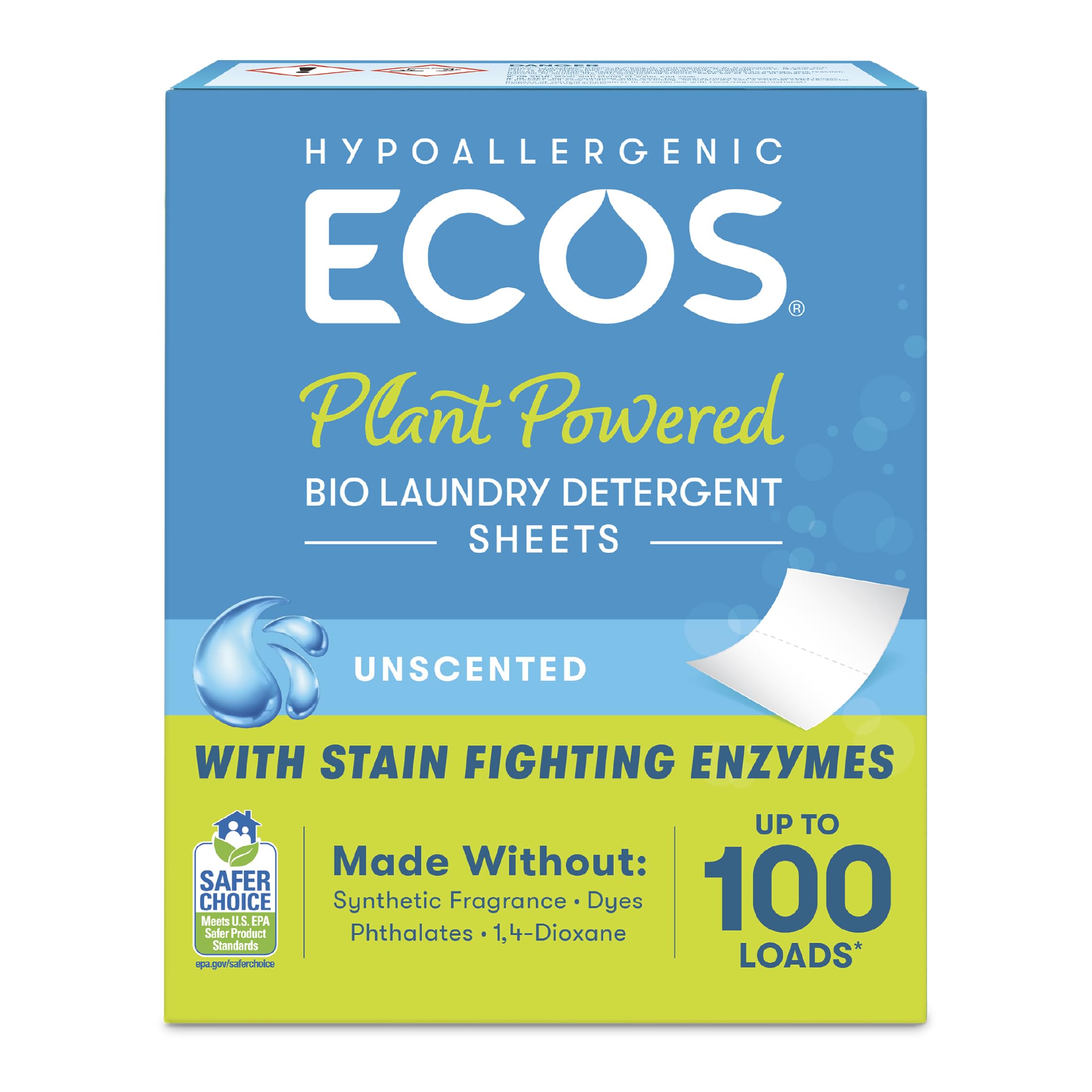 ECOS Hypoallergenic Laundry Detergent Sheets, Fragrance-Free, 50 Count