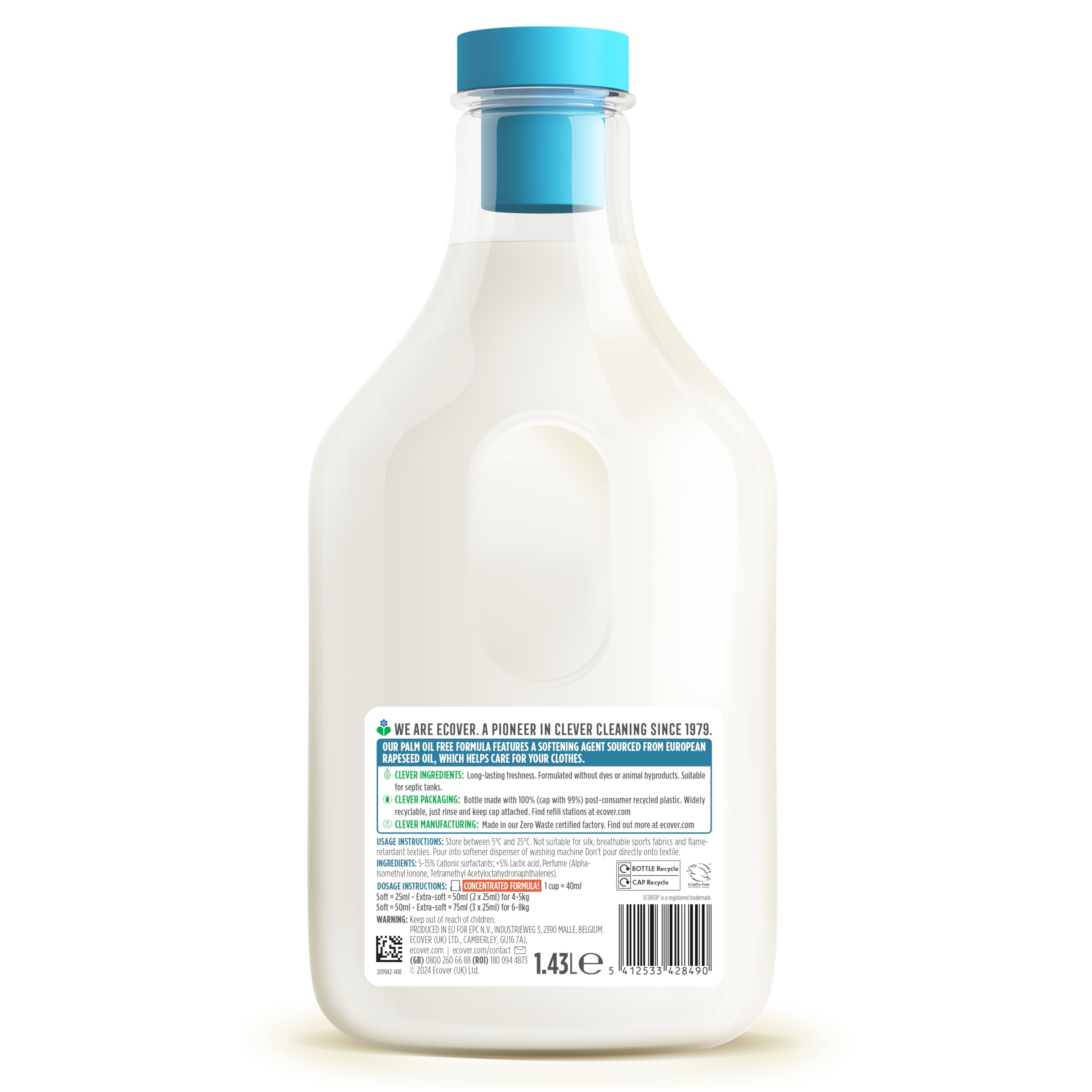 Ecover Concentrated Liquid Fabric Softener - Rose Scent | 1.43L | Softening & Fade Control