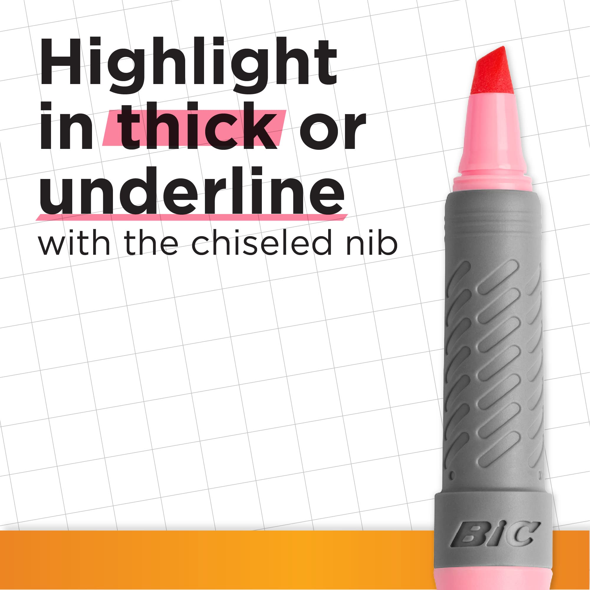BIC Highlighter Grip Markers - Pack of 12 Assorted Intense & Pastel Colours | Ribbed Rubber Grip | Water-Based Ink