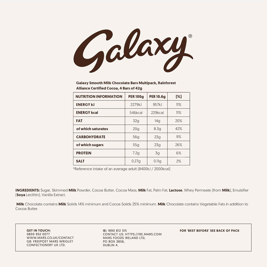 Galaxy Smooth Milk Chocolate Bars, Sharing Pack, 4 x 42g