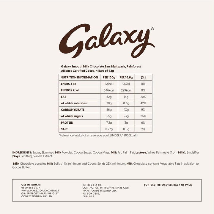 Galaxy Smooth Milk Chocolate Bars, Sharing Pack, 4 x 42g