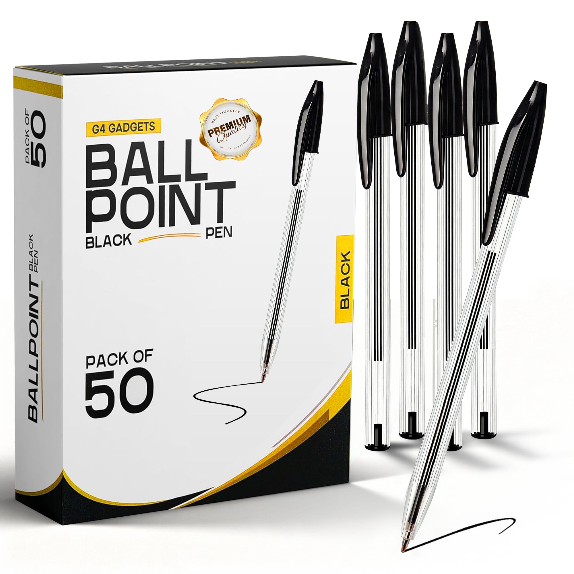 G4GADGET Pack of 50 Black Pens - Medium Tip Fluent Smooth Writing Black Bir 1