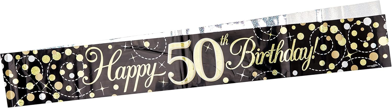 9ft Sparkling Fizz 50th Birthday Banner - Black & Gold Holographic
