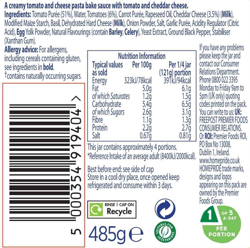 Homepride Creamy Tomato & Cheddar Pasta Bake Sauce, No Added Sugars, 485g 6