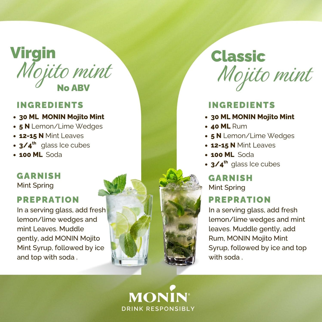 MONIN Mojito Mint Syrup 700ml - Natural Flavouring, Vegan, Halal, Kosher - for Cocktails, Mocktails, Lemonades