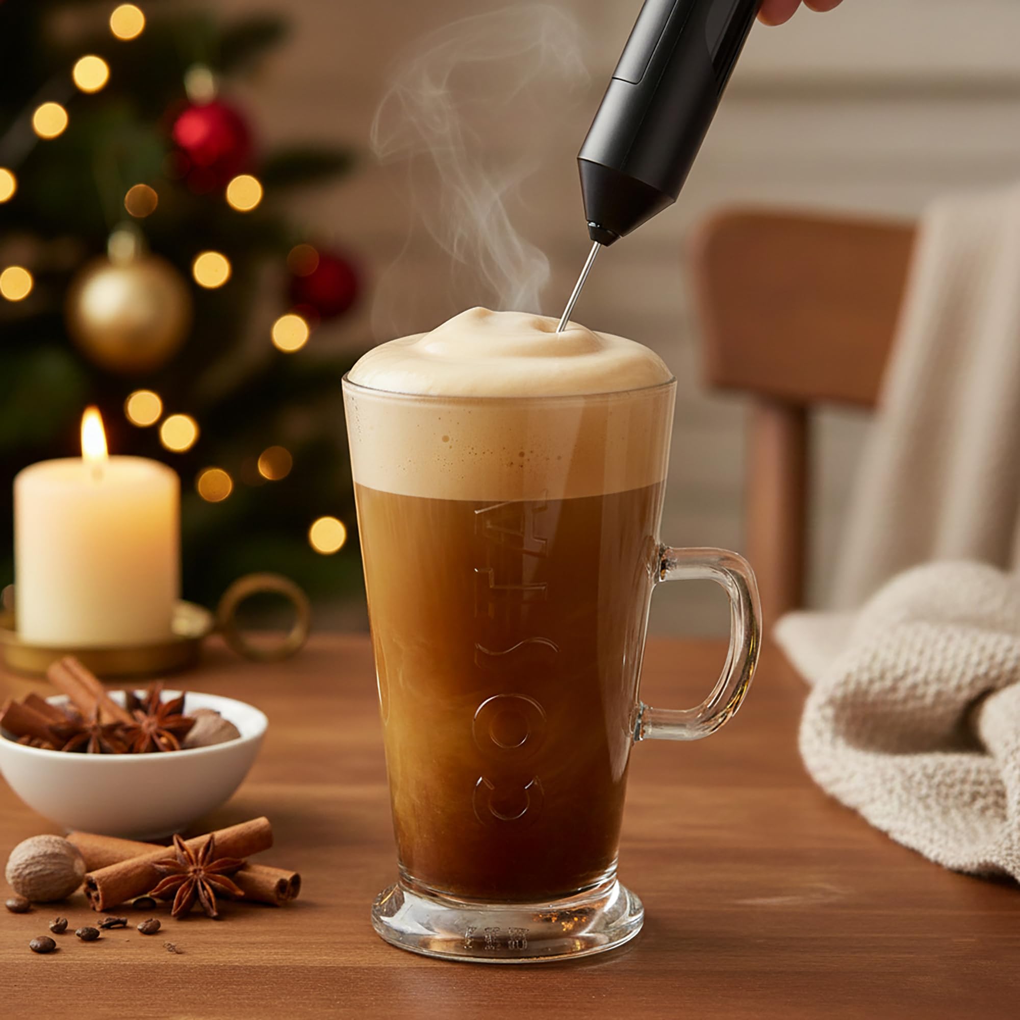 Kimm & Miller Costa Coffee Luxury Gift Set with Latte Glass & Battery-Powered Milk Frother 4