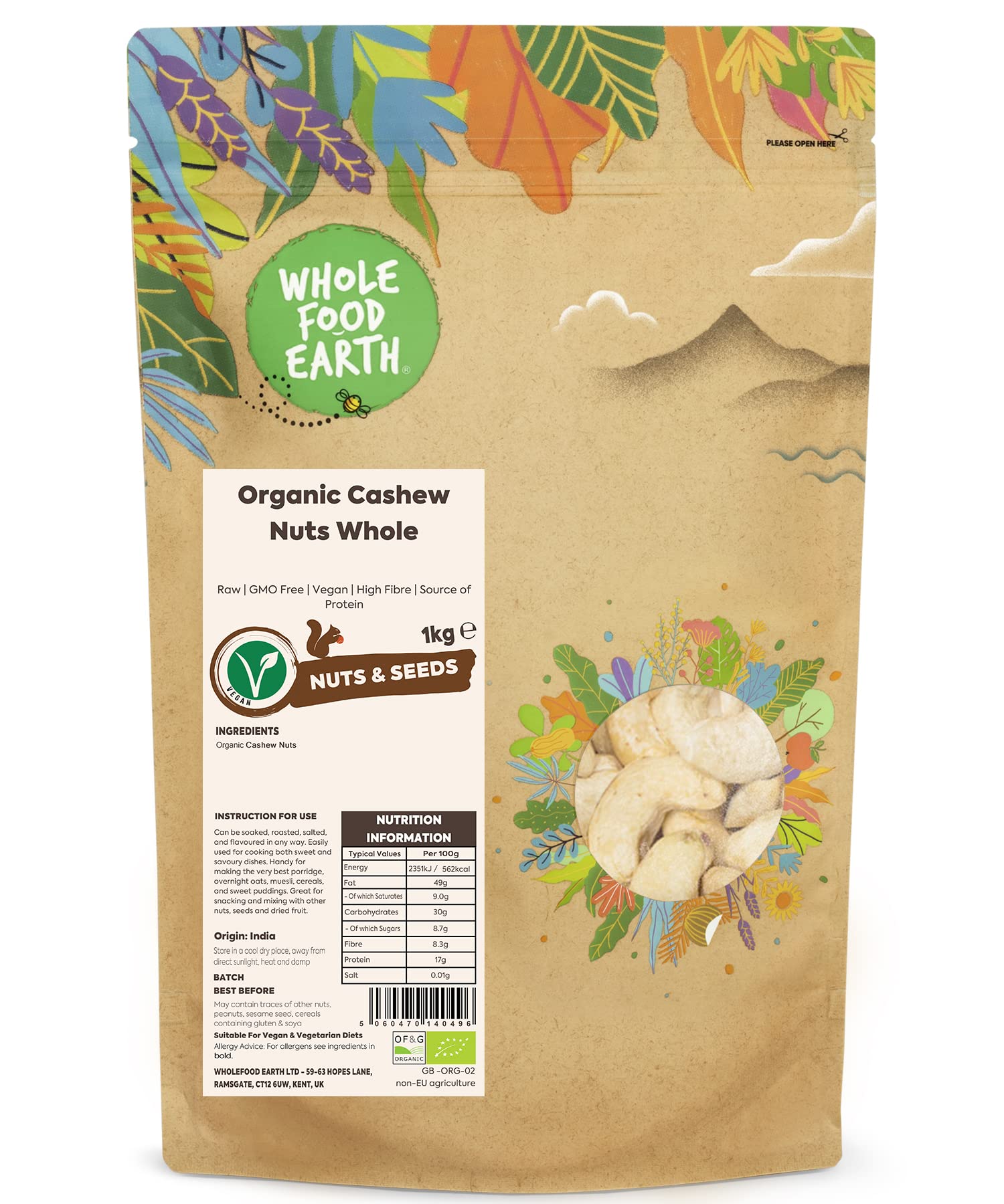 Wholefood Earth Organic Cashew Nuts Whole - 1kg | Raw | GMO Free | Vegan 1