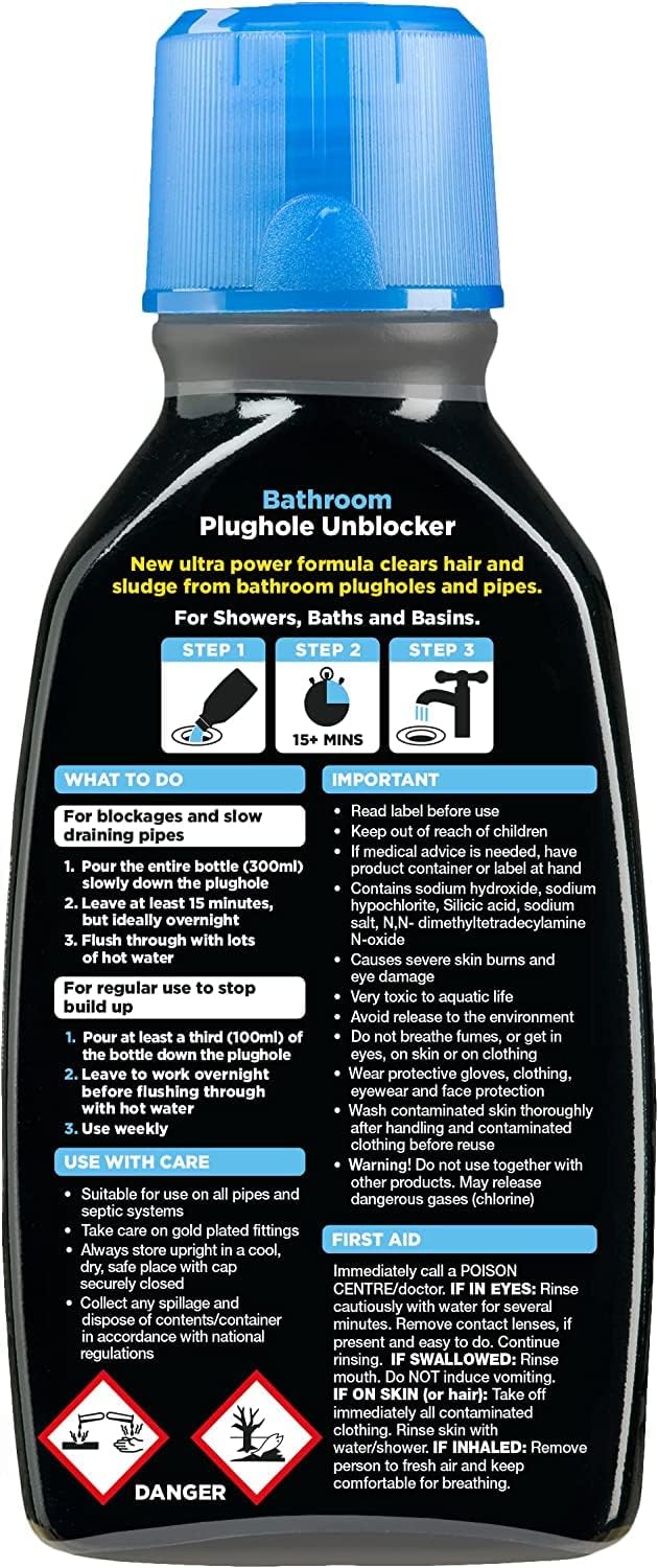 Buster Bathroom Drain Unblocker 300ml, Pack of 2 – Fast-Acting Sink & Shower Unblocker for Hair and Soap Scum