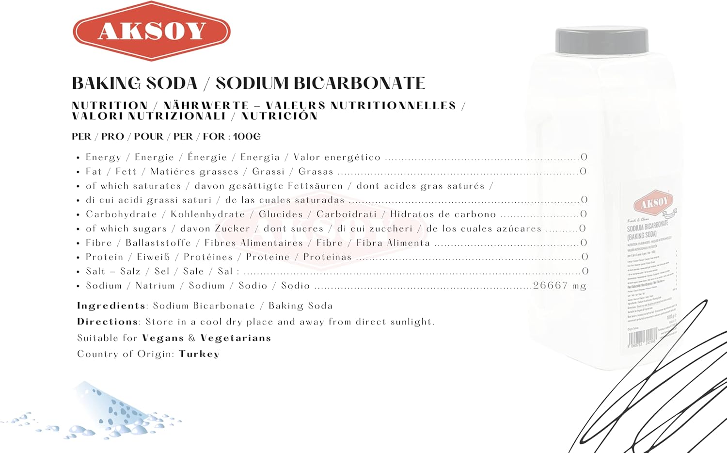 Aksoy Baking Soda 1.8KG || Pure Sodium Bicarbonate Powder, Highest Purity, Food 9