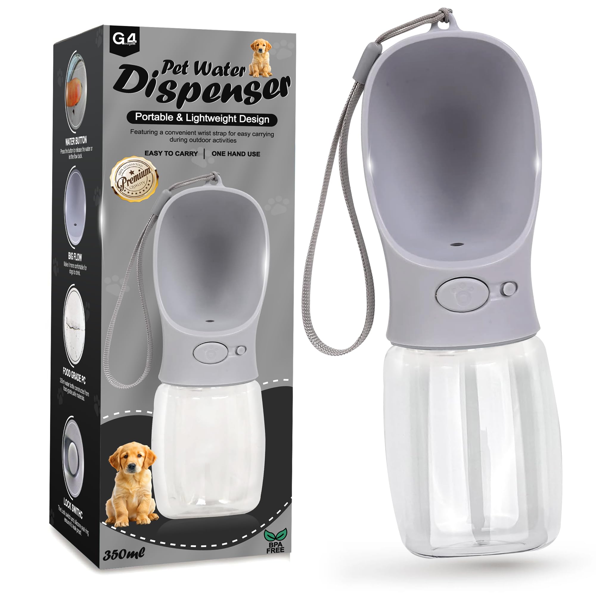 G4GADGET Dog Water Bottle - 350ml Portable Leak-Proof Dispenser for Small Dogs | Food-Grade ABS/PC