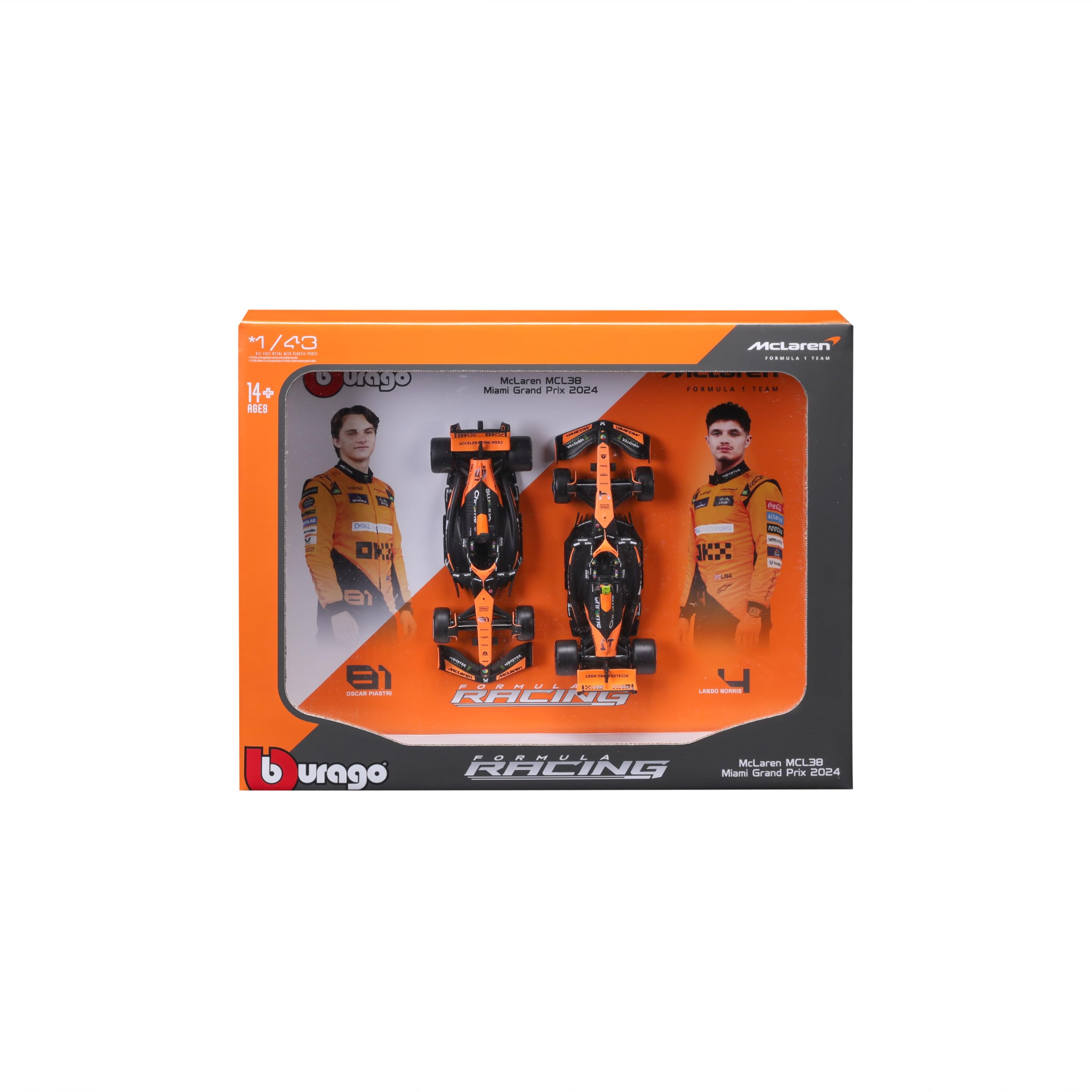 Bburago 2024 McLaren MCL38 F1 Race Car 2-Pack (Norris & Piastri) 1:43 Scale Diecast Model 3