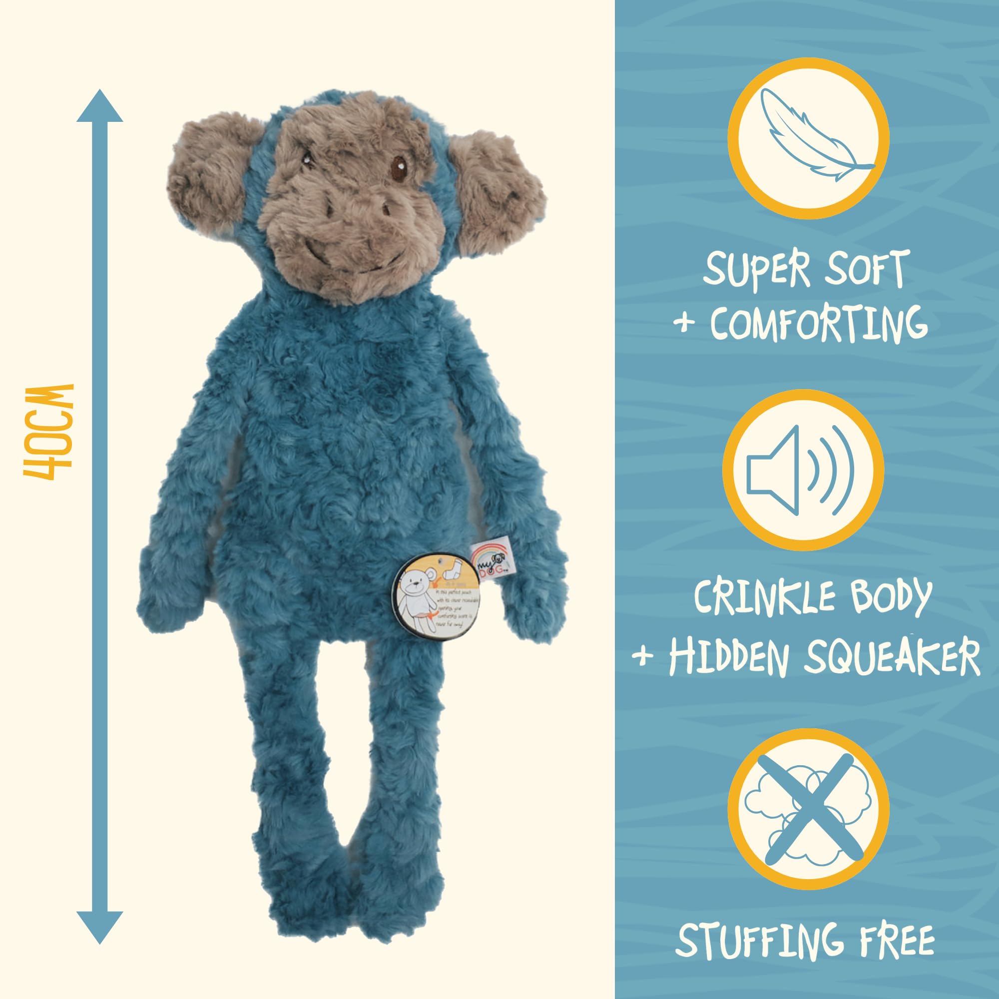 Rosewood My Dog Luxury Soft Plush Monkey Toy - Stuff-Free Comforting & Calming Dog Toy, 40cm 4