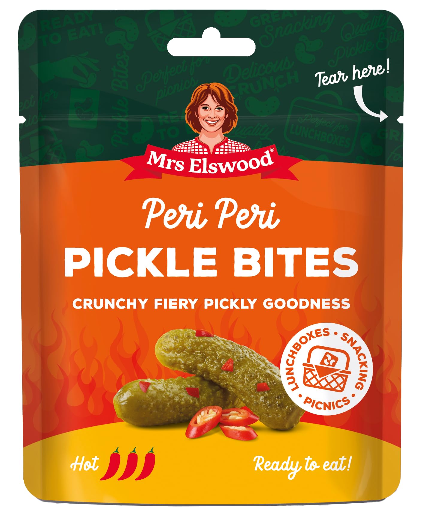 Mrs Elswood Peri Peri Pickle Bites Crunchy Fiery Hot Pickled Cucumbers 50g Pouch