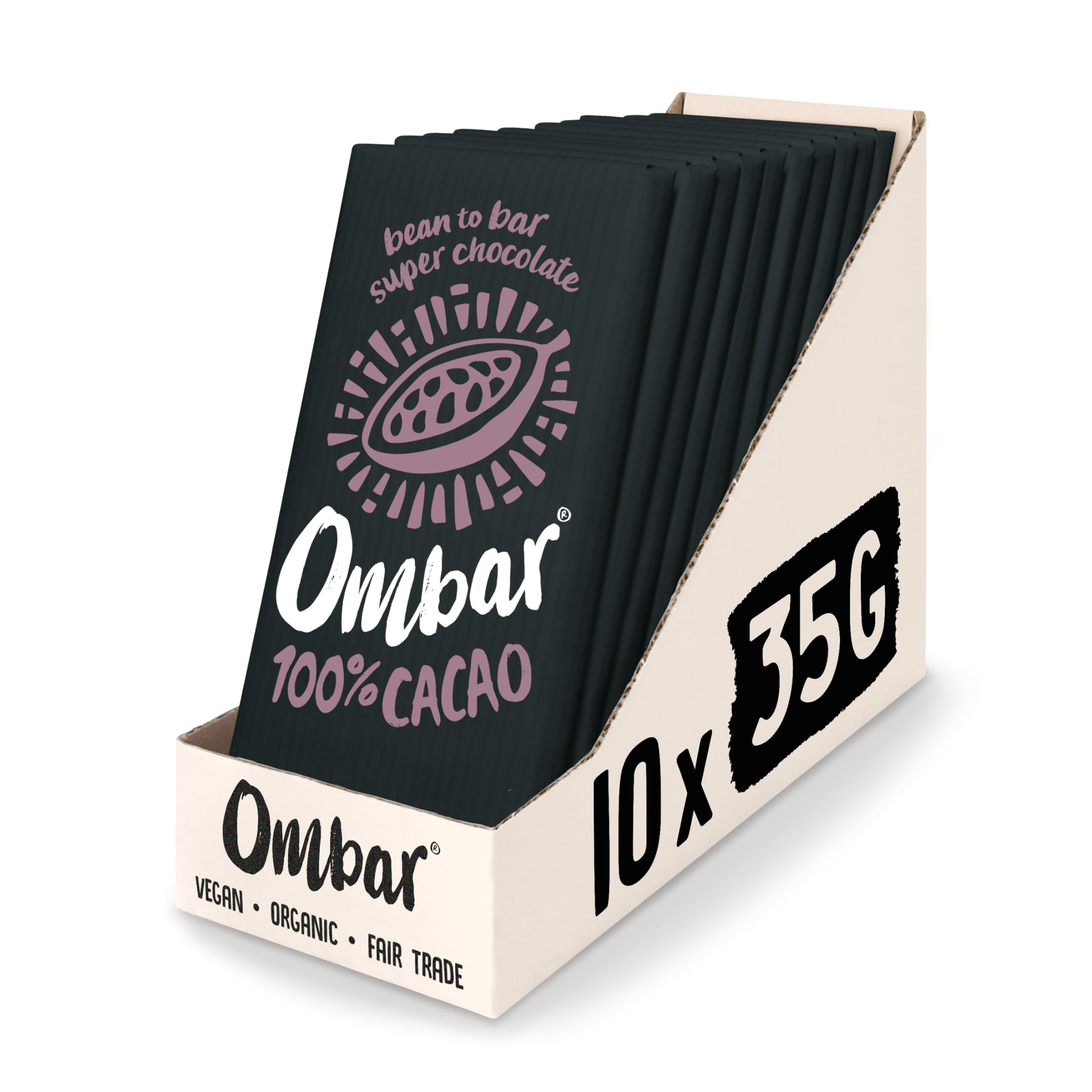 Ombar 100% Cacao Organic Vegan Dark Chocolate Bar (35g x 10) - Raw, Dairy-Free, Gluten-Free