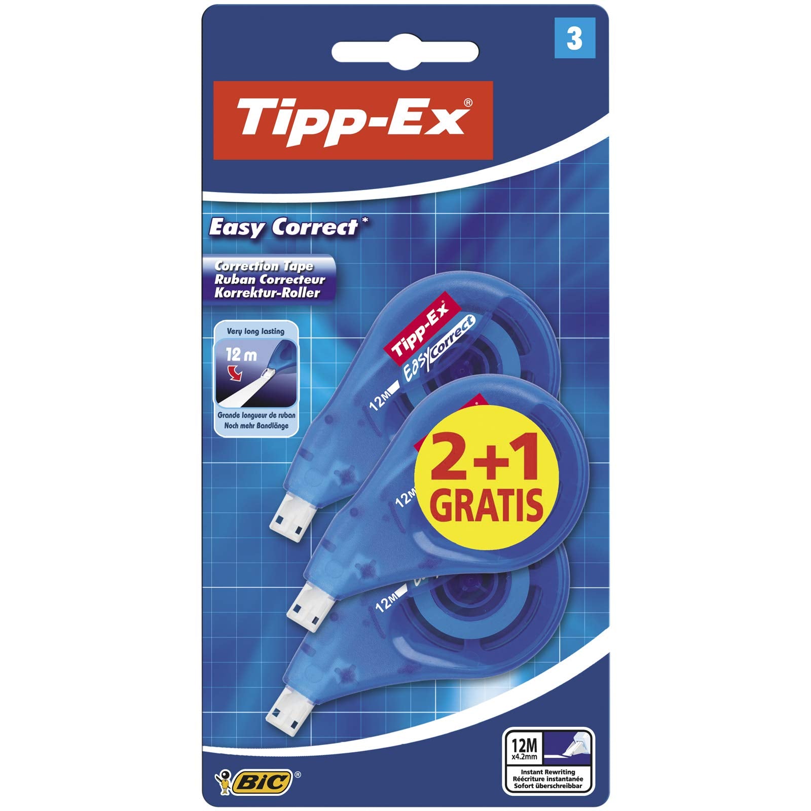 BIC Tipp-Ex Easy Correct Correction Tape - 12m Extra Long, Tear-Resistant, Side Dispenser | 3 Pack