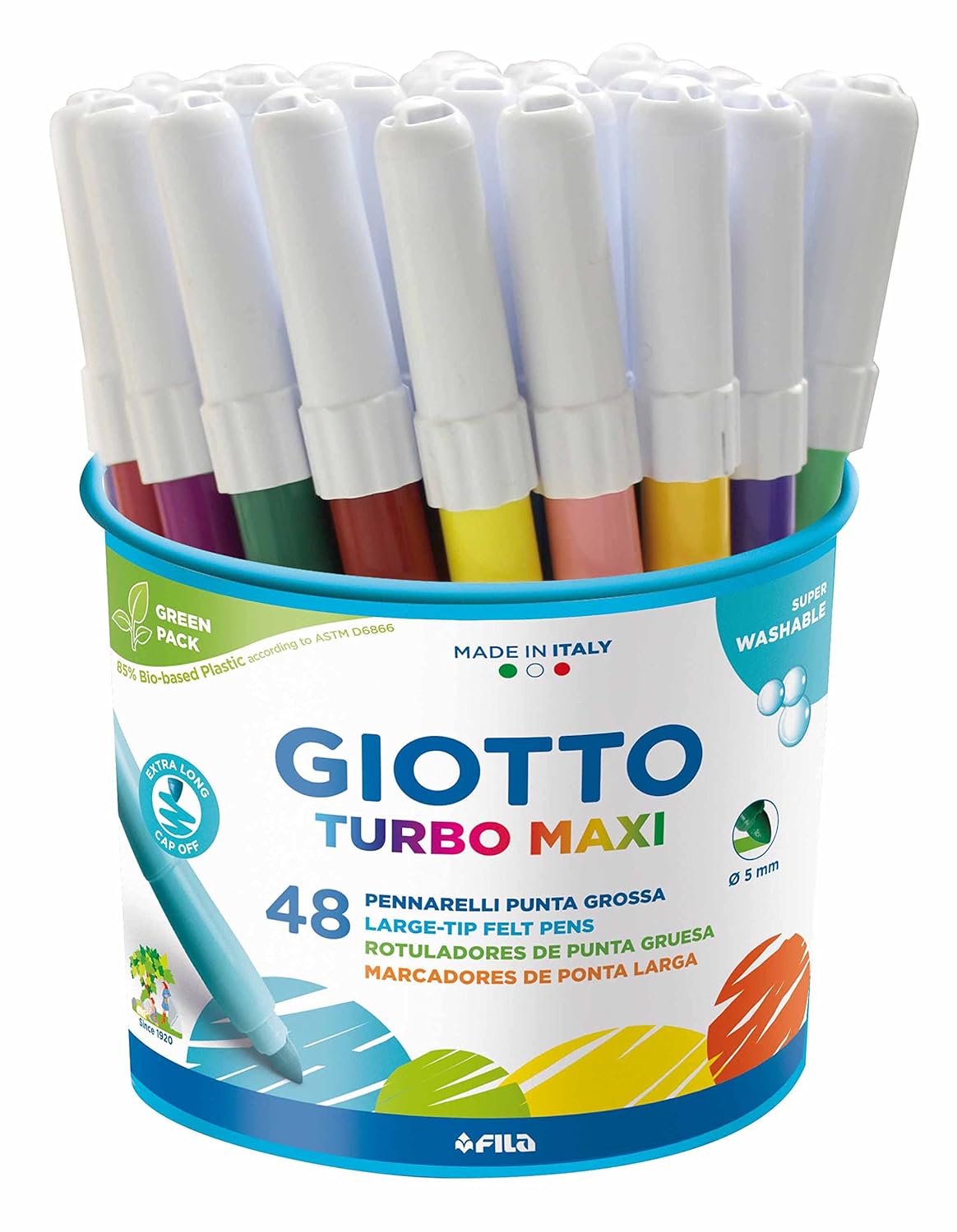 Giotto Turbo Maxi Felt-Tip Pens - Superwashable, Extra Long Cap-Off, 48-Pack 1