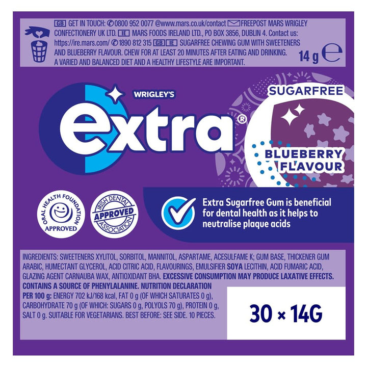 Extra Blueberry Flavour Sugar Free Chewing Gum - 30 Packs (10 Pieces Each)