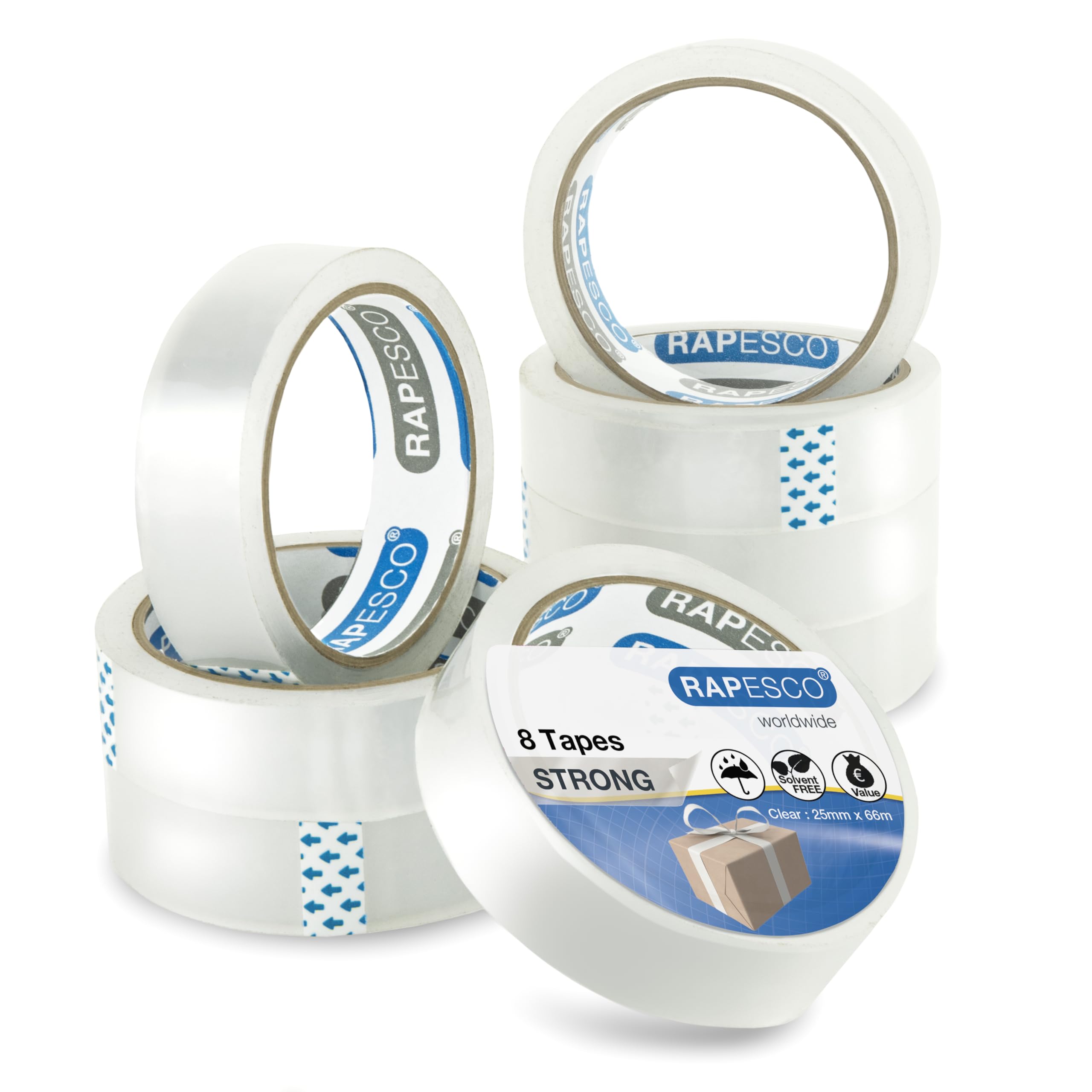 RAPESCO 1808 Transparent Adhesive Tape Rolls - 8 Pack, 25mm x 66m, Clear Refills for 3" Core Dispensers 1