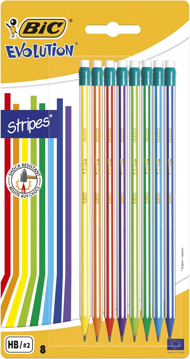 BIC Evolution Graphite Pencils - Pack of 8 - HB Pencils with Eraser - Colourful Stripe Design and Shock-Resistant Lead 1